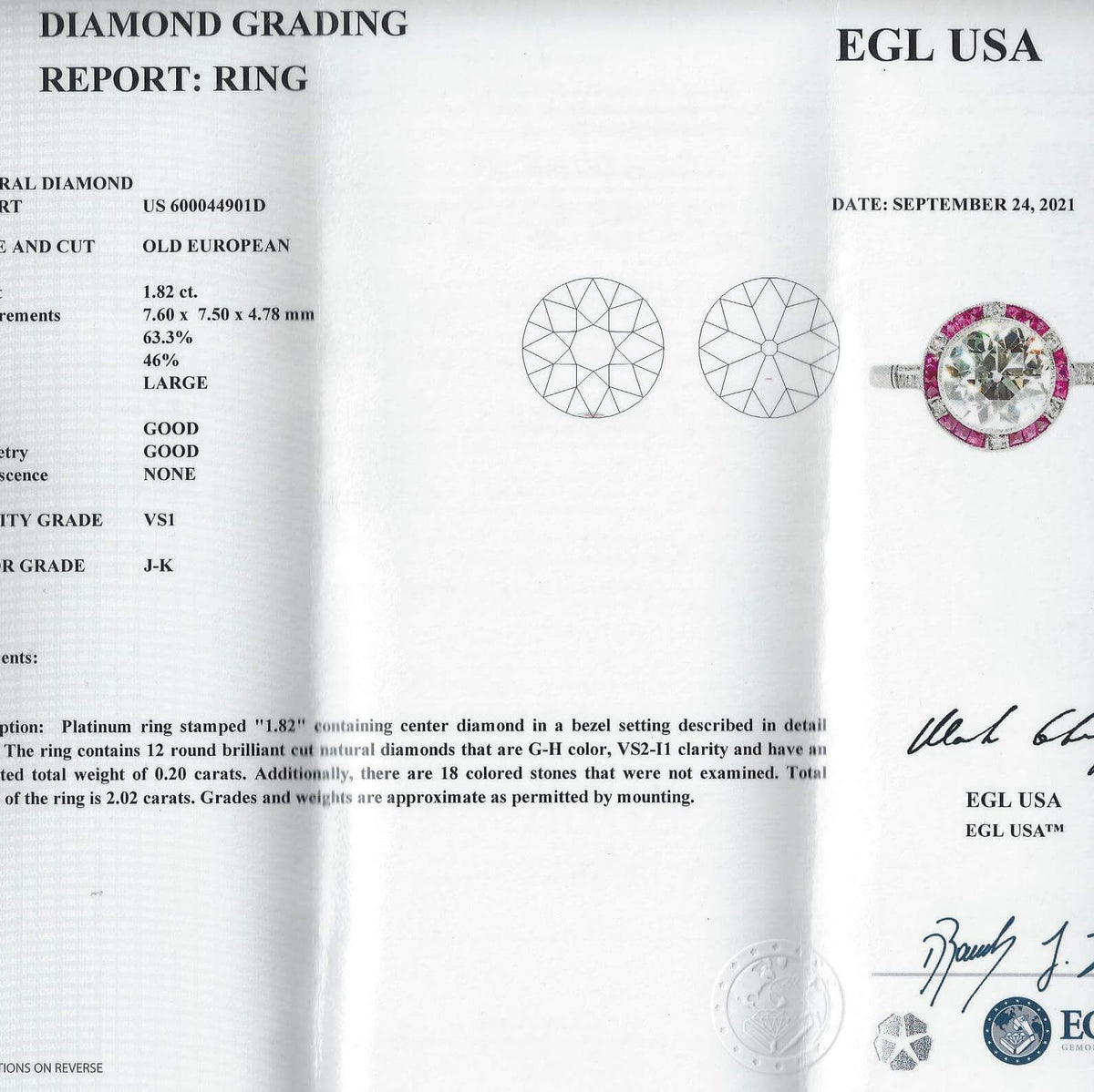 1.82ct CERT J-K VS1 OLD CUT DIAMOND ENGAGEMENT RING RUBY PLATINUM VINTAGE STYLE