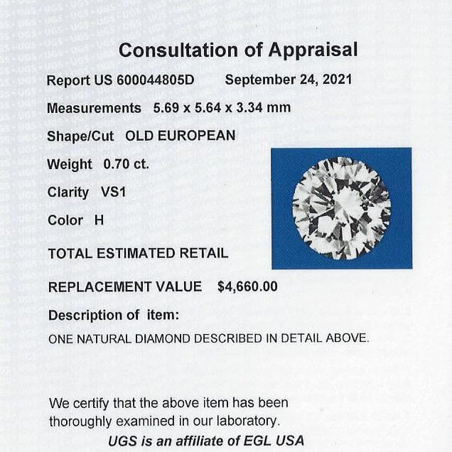 CERTIFIED H VS1 .70ct OLD EUROPEAN CUT DIAMOND VINTAGE ANTIQUE NATURAL 3/4 CARAT