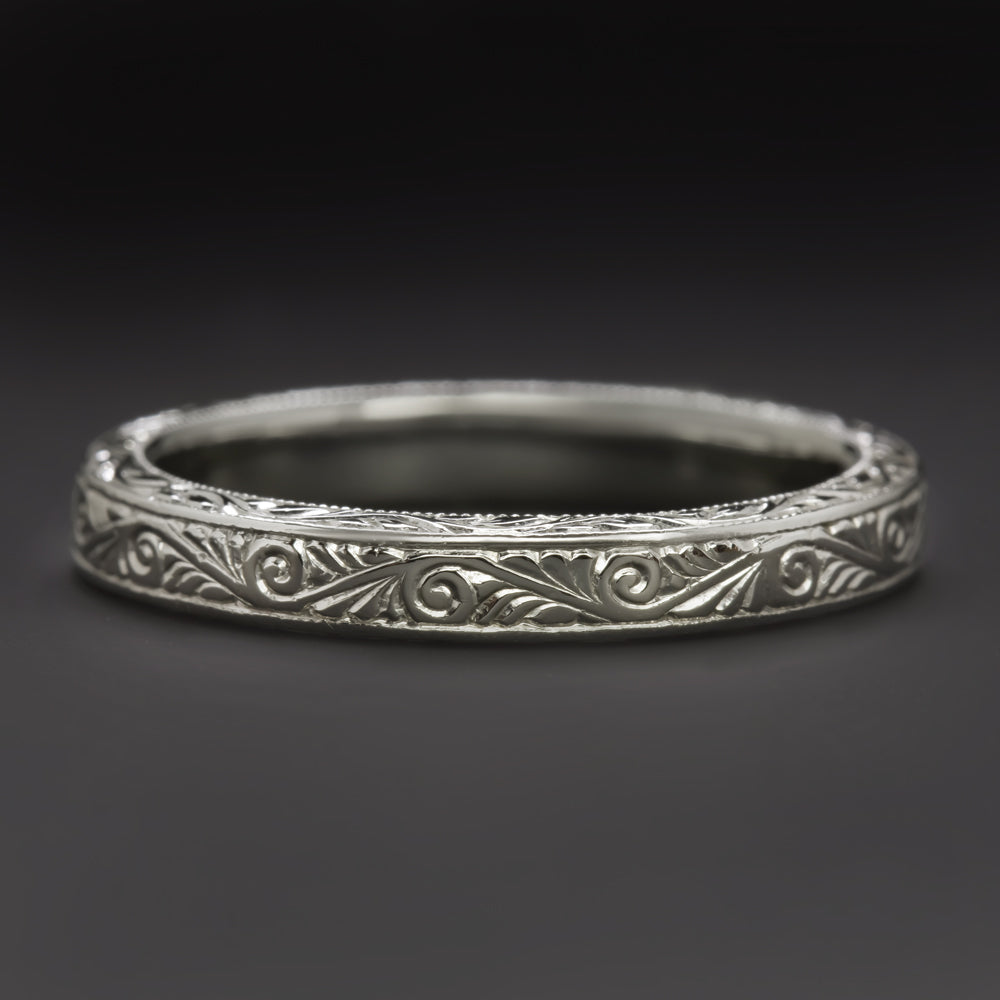 HAND ENGRAVED PLATINUM WEDDING BAND VINTAGE STYLE STACKING RING ART DECO STYLE