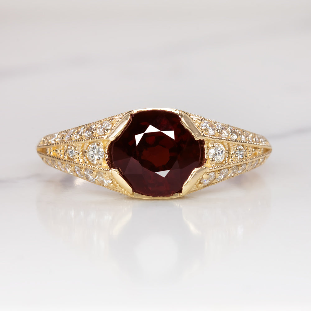 RED SPINEL DIAMOND COCKTAIL RING VINTAGE STYLE YELLOW GOLD ROUND CUT NATURAL