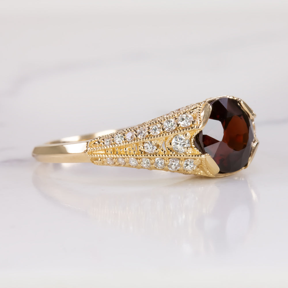 RED SPINEL DIAMOND COCKTAIL RING VINTAGE STYLE YELLOW GOLD ROUND CUT NATURAL
