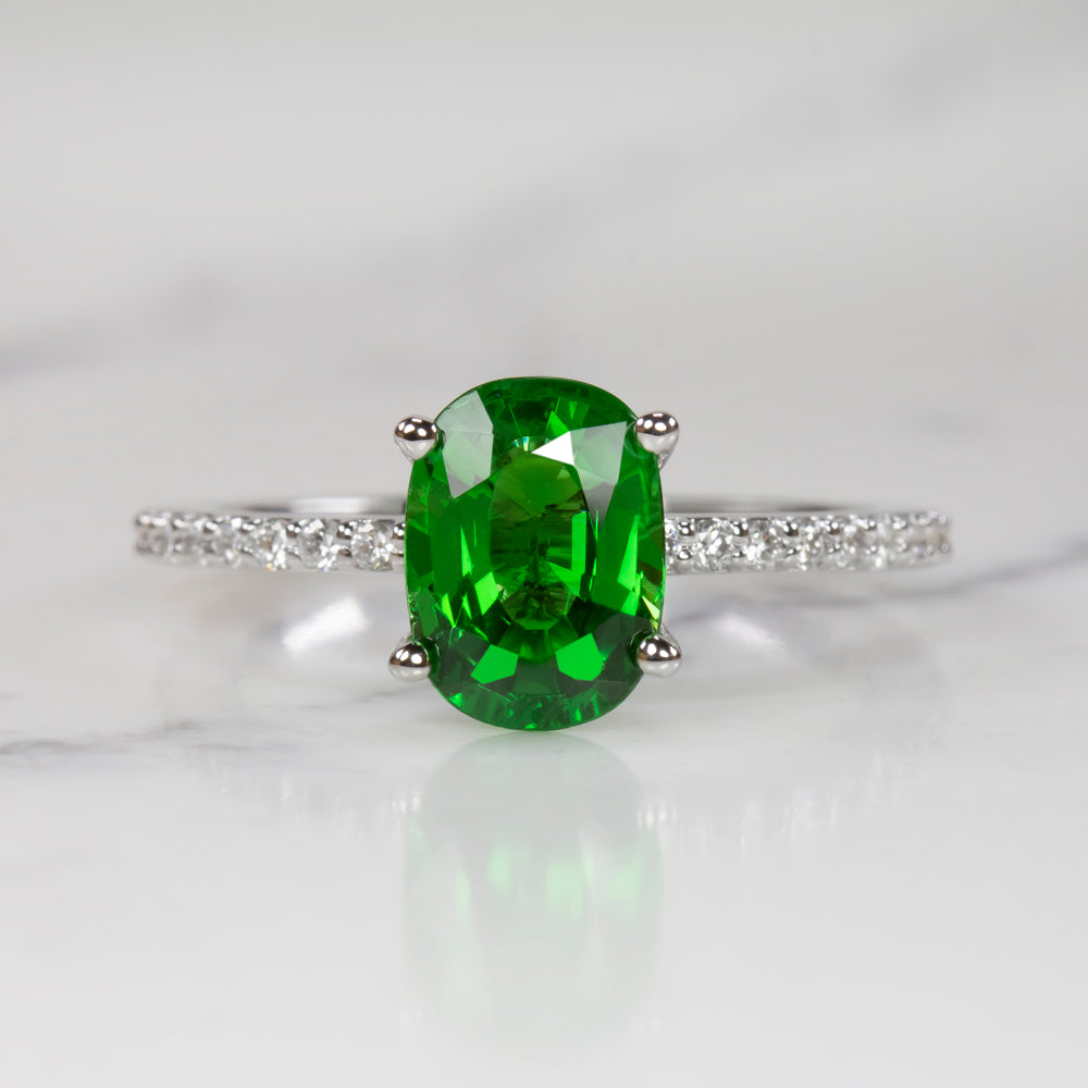 TSAVORITE GARNET DIAMOND RING OVAL SHAPE PAVE BAND 14K WHITE GOLD GREEN NATURAL