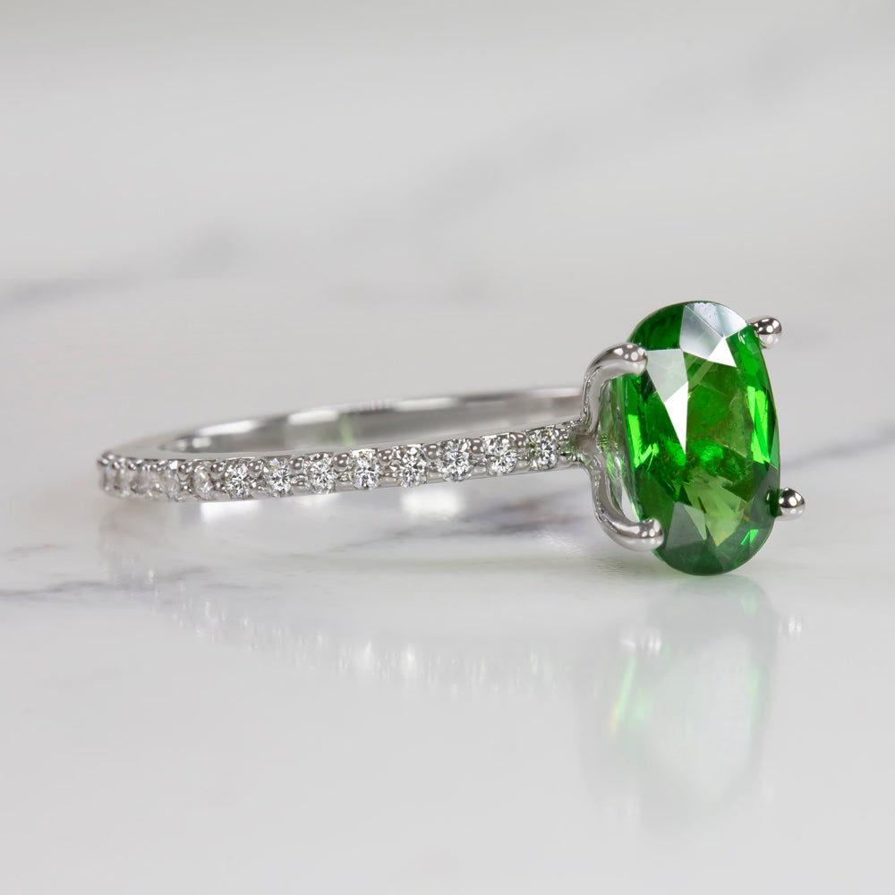 TSAVORITE GARNET DIAMOND RING OVAL SHAPE PAVE BAND 14K WHITE GOLD GREEN NATURAL