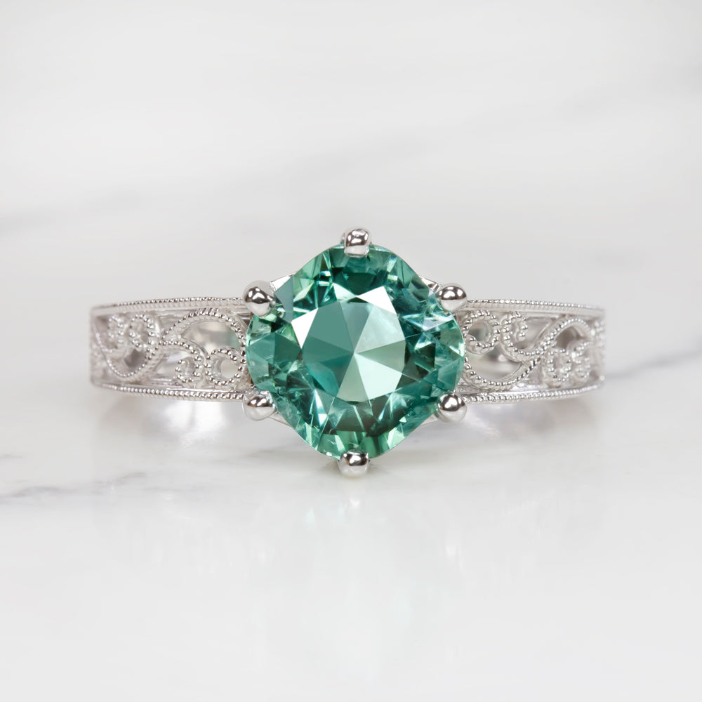 INDICOLITE TOURMALINE RING VINTAGE STYLE 14k WHITE GOLD NATURAL GREEN COCKTAIL