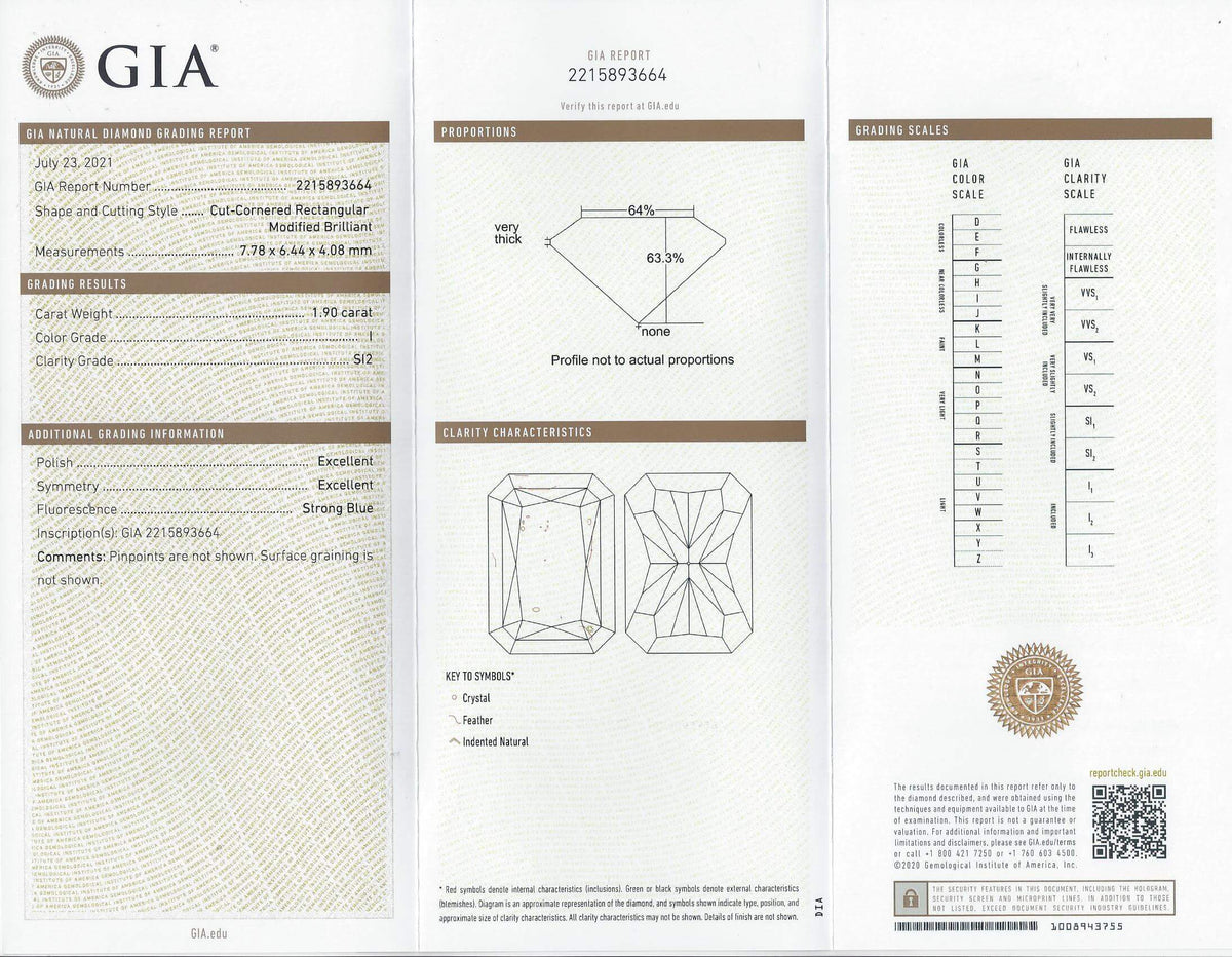 1.90c GIA CERTIFIED I SI2 RADIANT CUT DIAMOND LOOSE ENGAGEMENT ELONGATED NATURAL