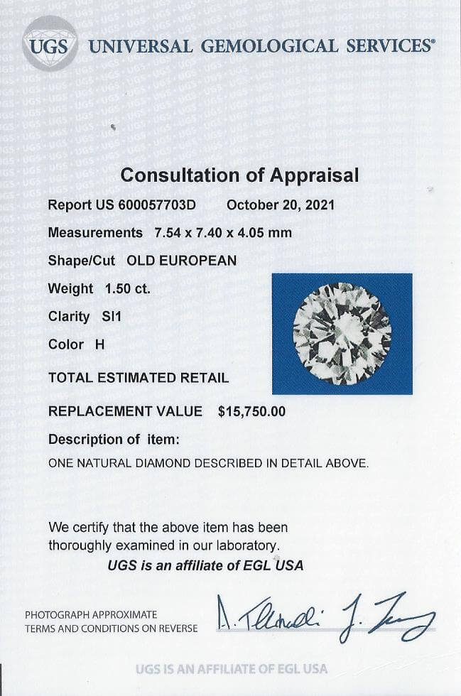 1.5 CARAT 7.5mm CERTIFIED H SI1 VINTAGE DIAMOND OLD EUROPEAN CUT ANTIQUE LOOSE