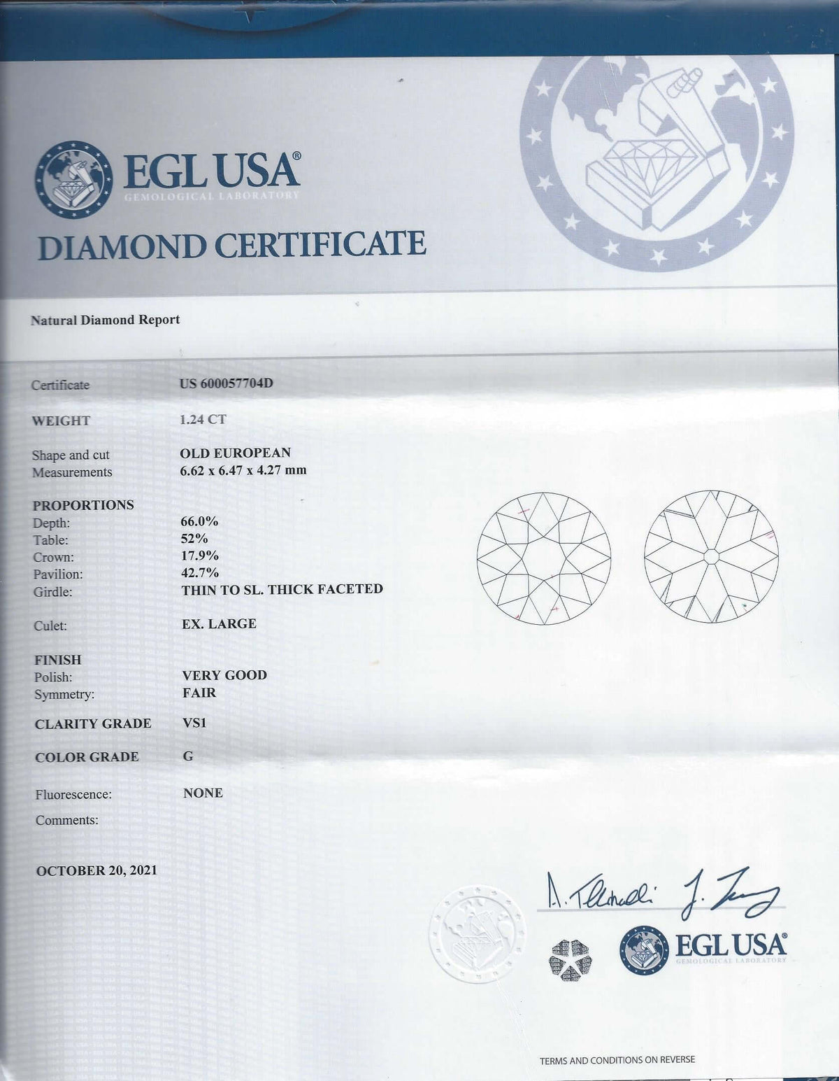 1.24ct CERTIFIED G VS1 OLD EUROPEAN CUT DIAMOND VINTAGE ANTIQUE LOOSE 1.25 CARAT