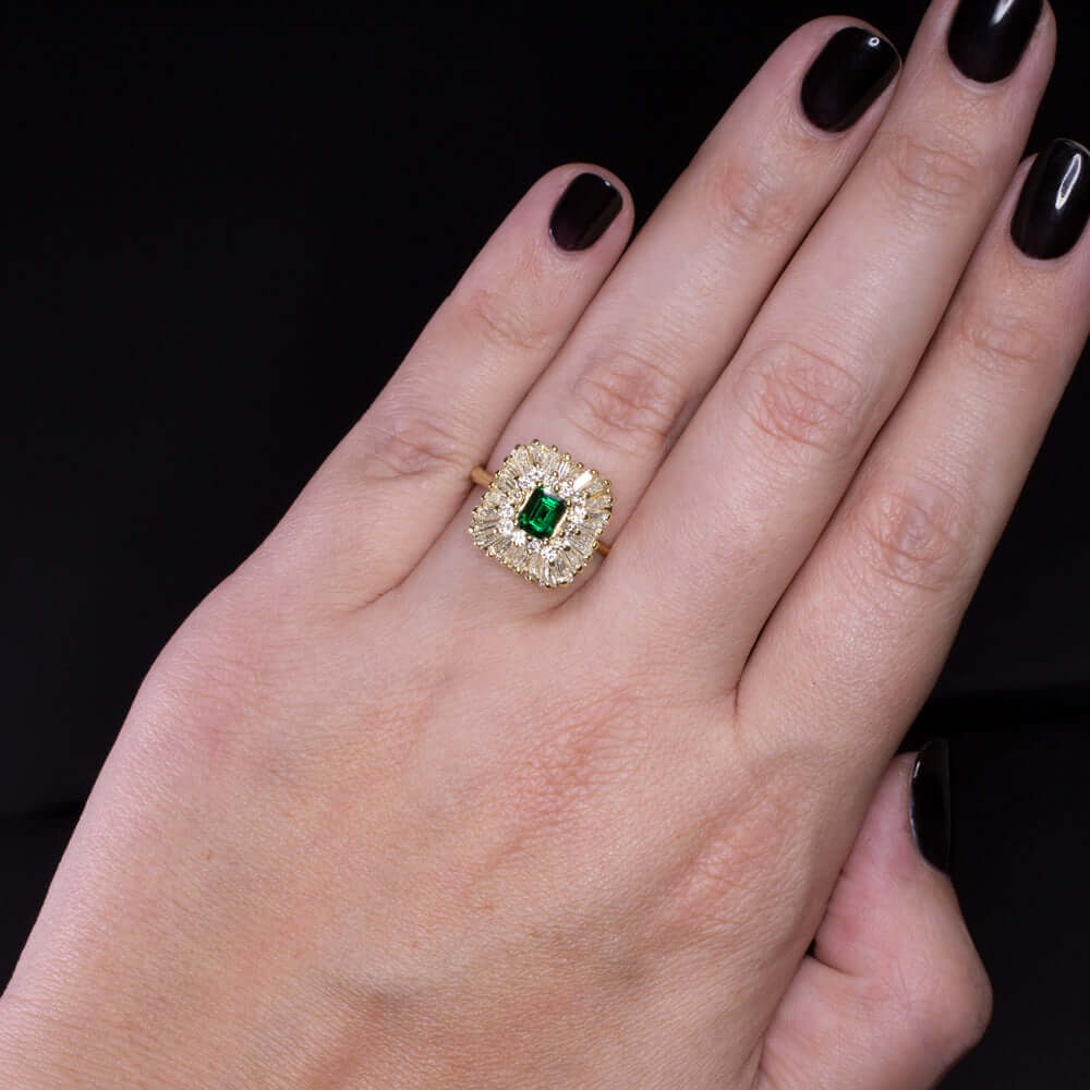 2.44ct DIAMOND EMERALD BALLERINA RING YELLOW GOLD STATEMENT COCKTAIL NATURAL