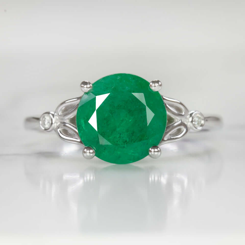 3 CARAT ROUND CUT EMERALD RING 14k WHITE GOLD NATURAL CLASSIC 3ct GREEN