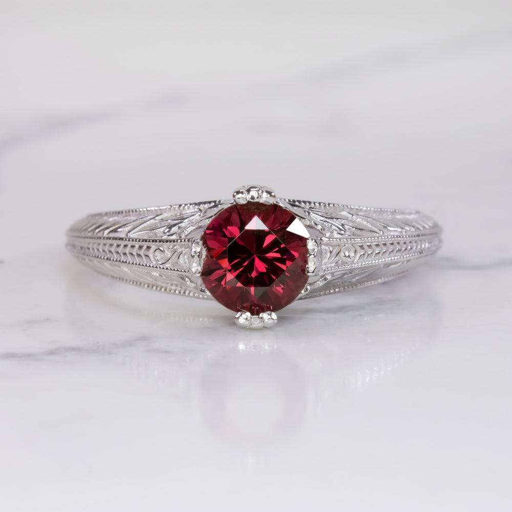 RHODOLITE GARNET RING VINTAGE STYLE BOTANICAL ENGRAVING 14k WHITE GOLD RED ROUND Ivy & Rose