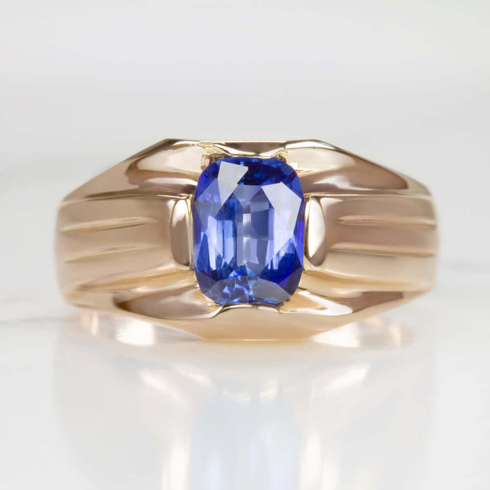 ART DECO SAPPHIRE SOLITAIRE RING 18k ROSE GOLD WIDE BAND VINTAGE ANTIQUE CUSHION