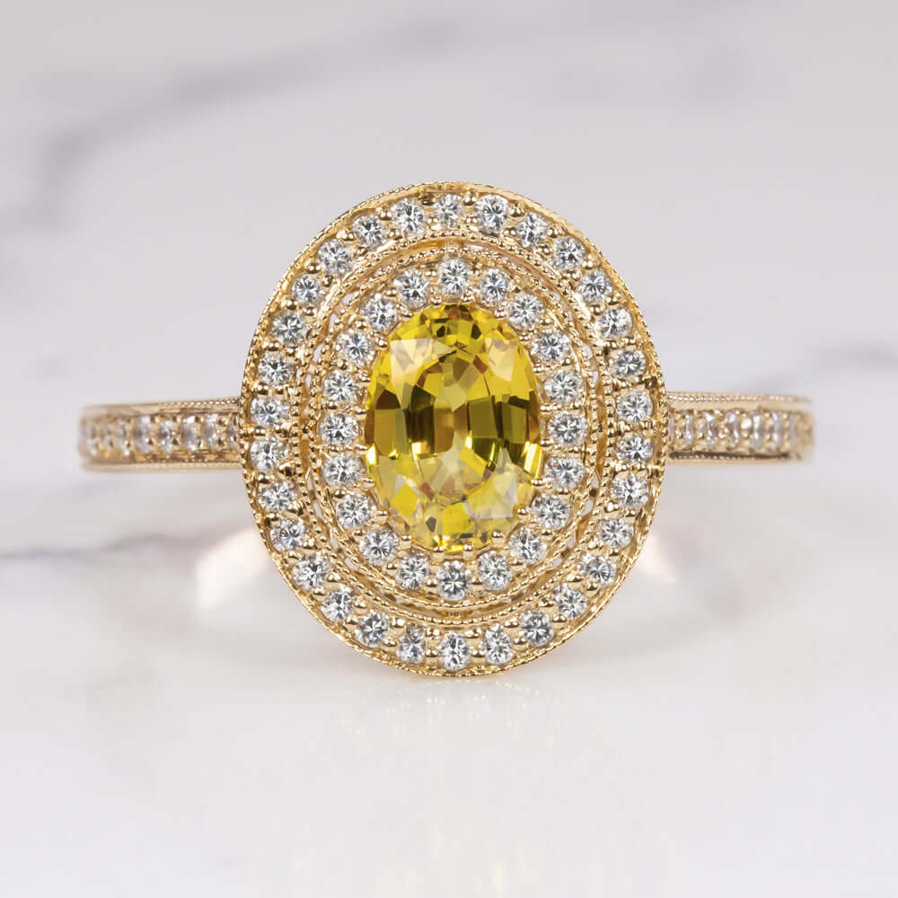 1.25ct YELLOW SAPPHIRE DIAMOND COCKTAIL RING DOUBLE HALO GOLD NATURAL OVAL CUT