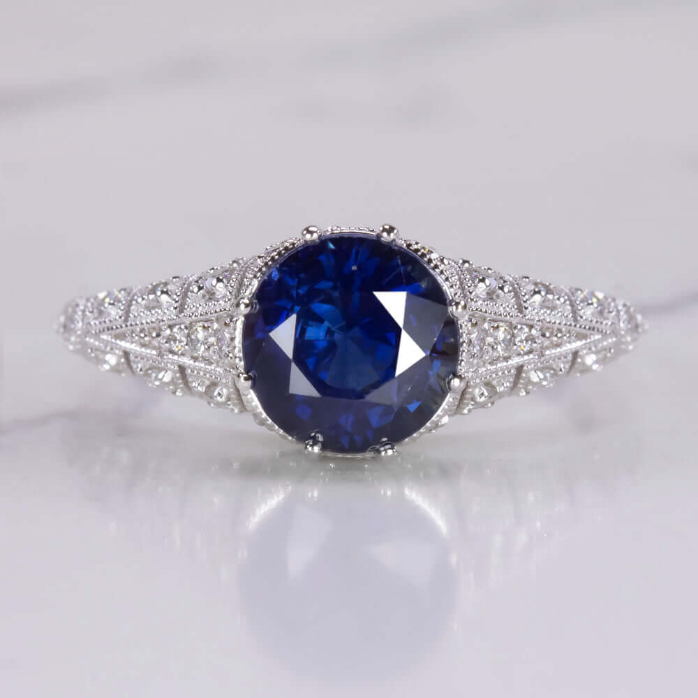 2.06ct ROUND CUT SAPPHIRE DIAMOND RING VINTAGE ANTIQUE WHITE GOLD NATURAL BLUE