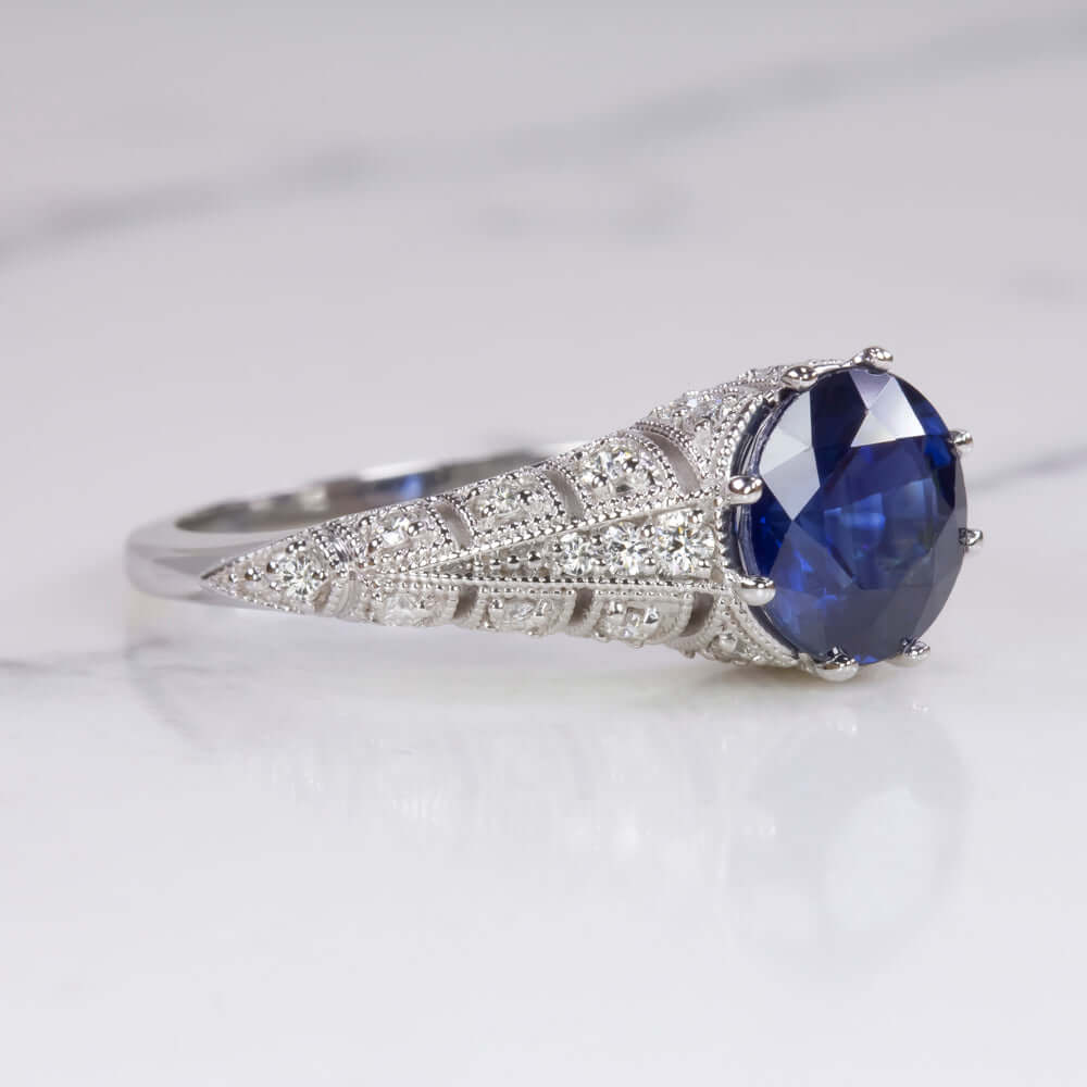 2.06ct ROUND CUT SAPPHIRE DIAMOND RING VINTAGE ANTIQUE WHITE GOLD NATURAL BLUE