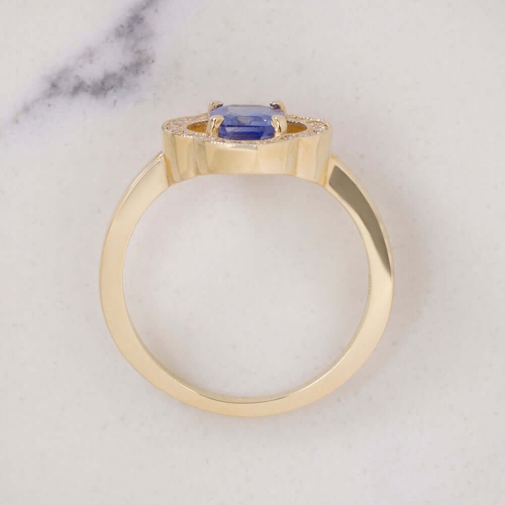 1ct SAPPHIRE DIAMOND RING FLORAL CLOVER 14k YELLOW GOLD NATURAL EMERALD CUT BLUE