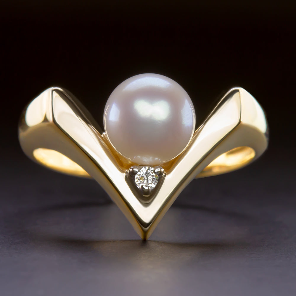 PEARL DIAMOND COCKTAIL V RING 14k YELLOW GOLD STATEMENT GEOMETRIC BIG NATURAL