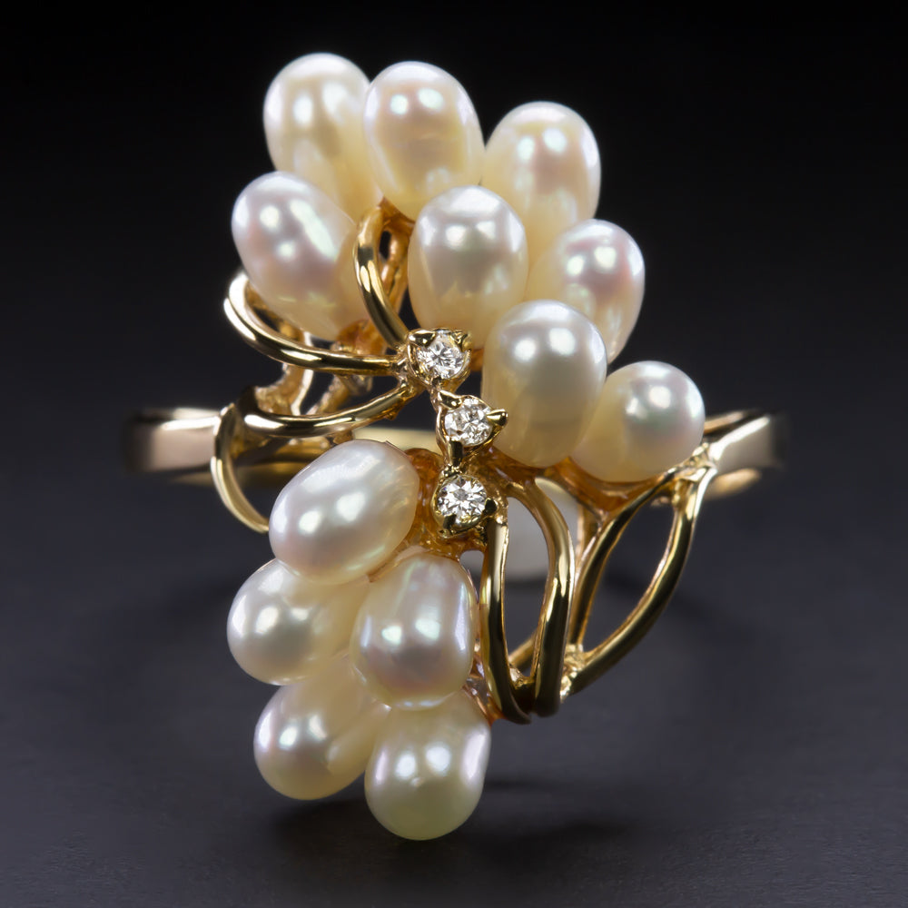 PEARL DIAMOND CLUSTER COCKTAIL RING 14 YELLOW GOLD BIG STATEMENT VINTAGE NATURAL