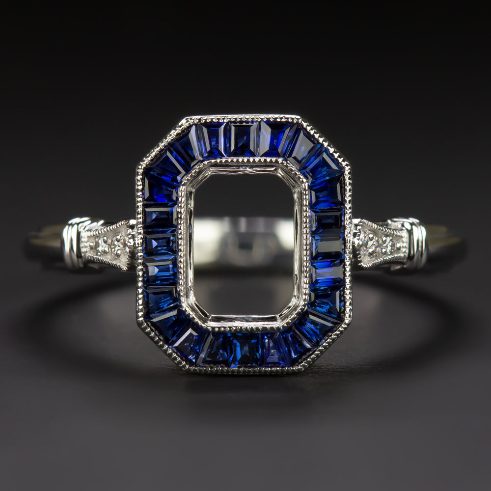 SAPPHIRE DIAMOND ENGAGEMENT RING SETTING RADIANT EMERALD MOUNT VINTAGE ART DECO