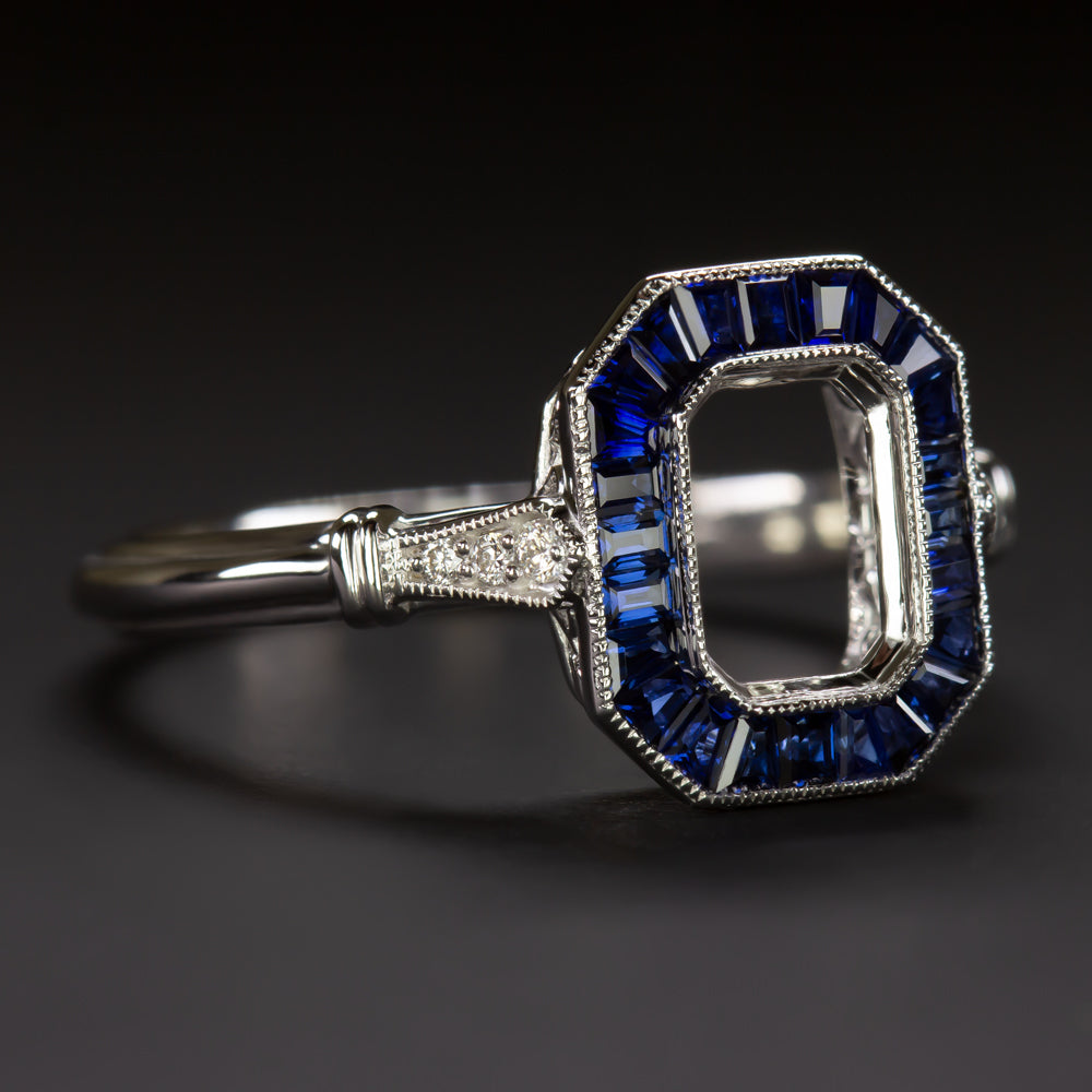 SAPPHIRE DIAMOND ENGAGEMENT RING SETTING RADIANT EMERALD MOUNT VINTAGE ART DECO