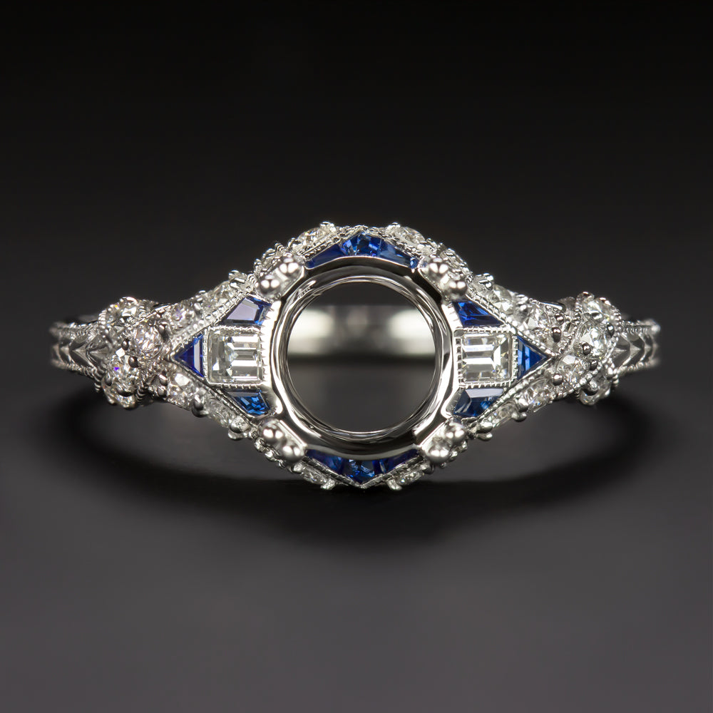 SAPPHIRE DIAMOND 6.5mm 7mm ROUND ENGAGEMENT RING SETTING VINTAGE STYLE ART DECO