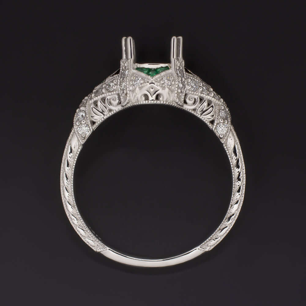 EMERALD DIAMOND 6.5mm 7mm ROUND ENGAGEMENT RING SETTING VINTAGE STYLE ART DECO