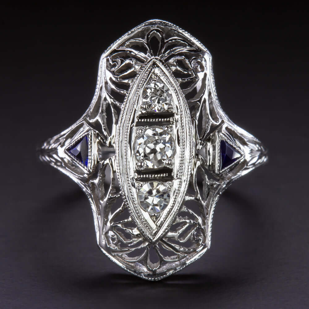 ART DECO DIAMOND SAPPHIRE COCKTAIL RING 18K FILIGREE VINTAGE 1920s NAVETTE