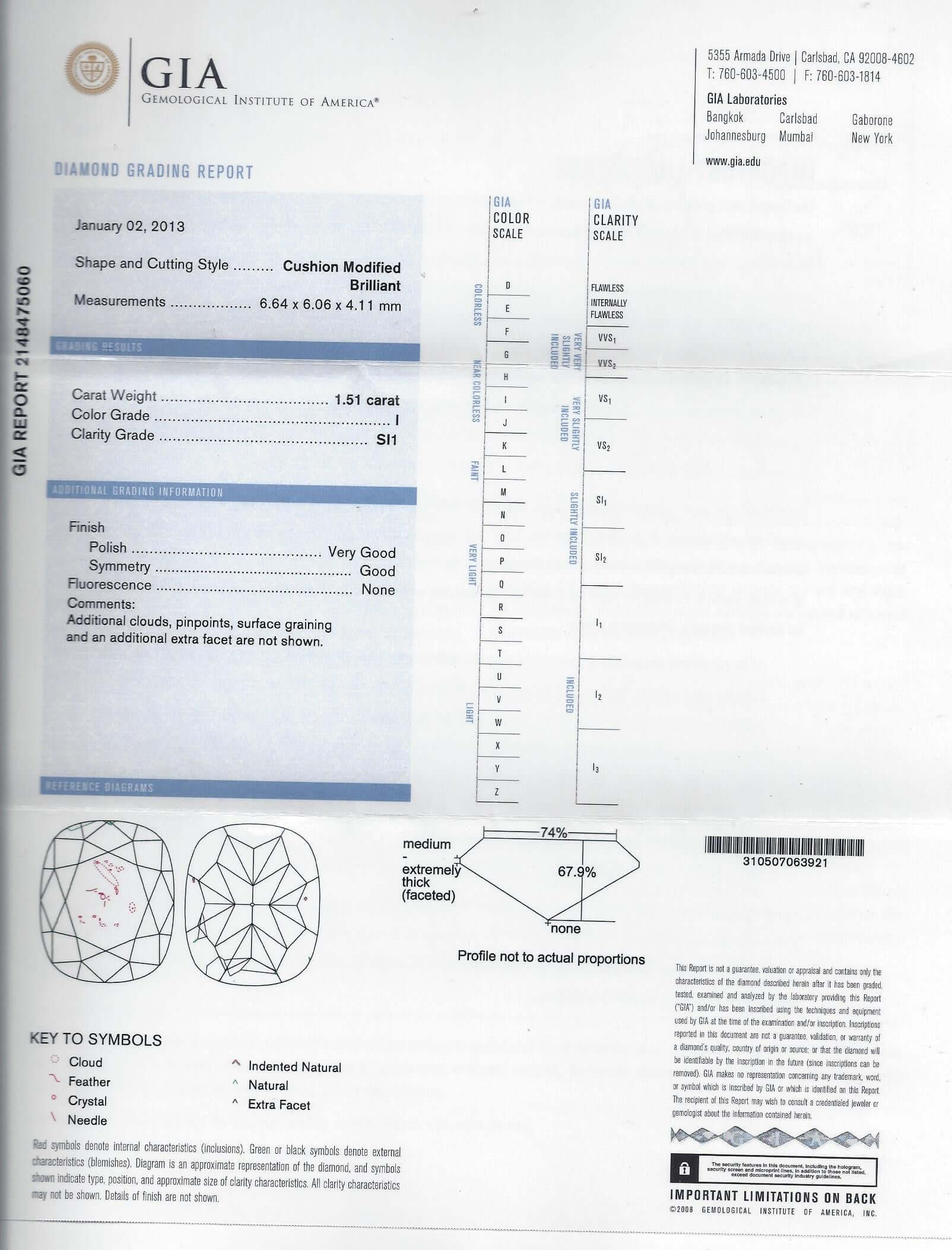 1.5 CARAT GIA CERTIFIED CUSHION CUT DIAMOND I SI1 LOOSE NATURAL ENGAGEMENT 1.5ct