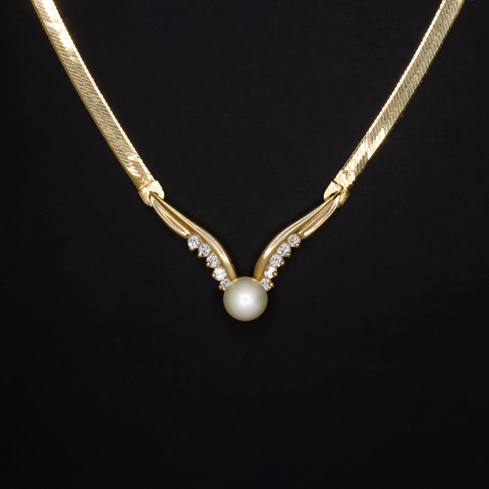 PEARL DIAMOND V NECKLACE 14K YELLOW GOLD DANGLE NATURAL CLASSIC WIDE CHAIN GIFT