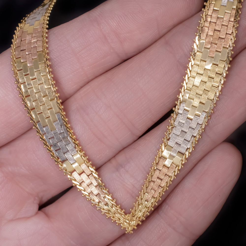 VINTAGE 14K TRI TONE GOLD WIDE NECKLACE WOVEN TEXTURE YELLOW ROSE WHITE ESTATE
