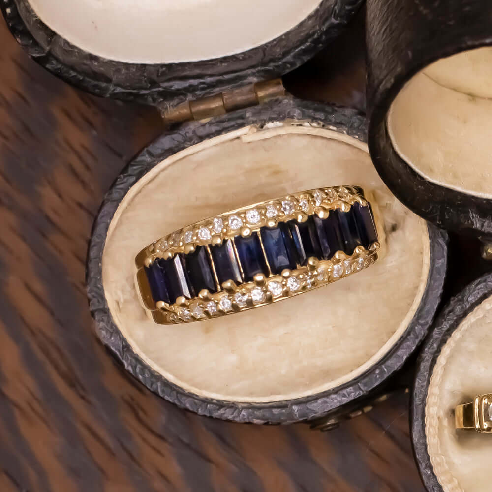 1.44ct NATURAL SAPPHIRE DIAMOND COCKTAIL RING YELLOW GOLD BLUE 3 ROW 1.5 CARAT Ivy & Rose