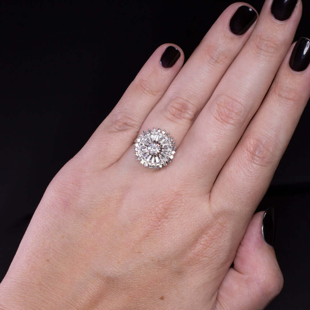 1.40ct DIAMOND VINTAGE COCKTAIL RING HALO CLUSTER 14k WHITE GOLD ESTATE RETRO