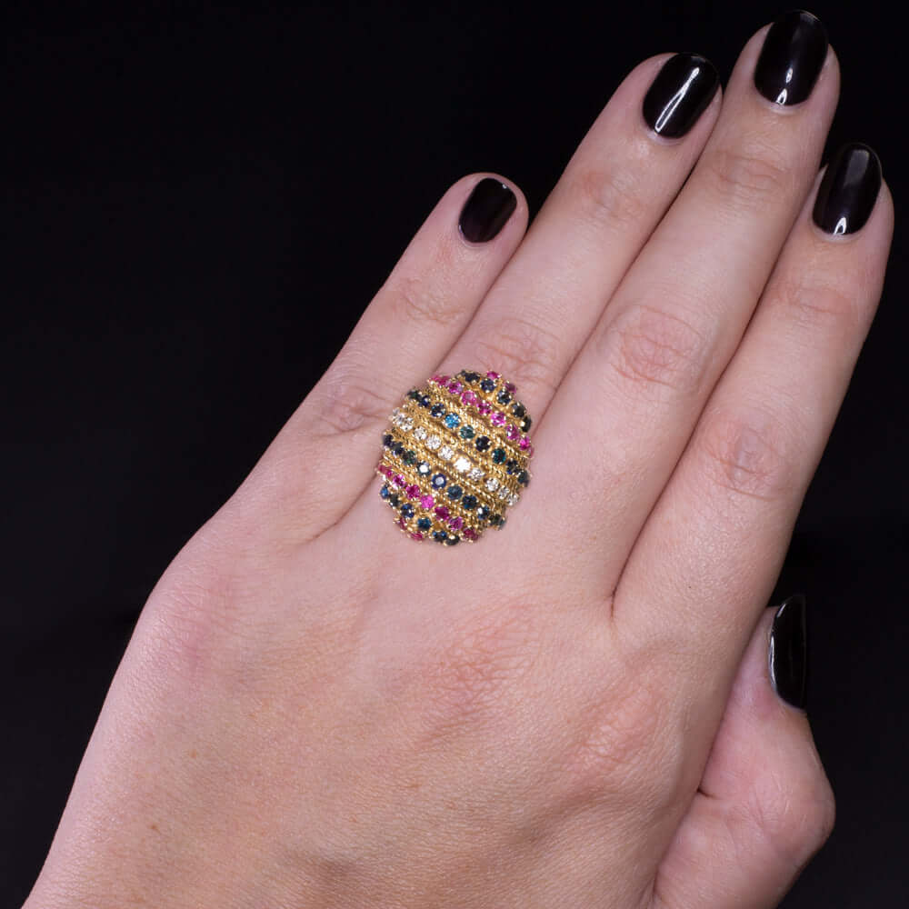 3 CARAT DIAMOND RUBY SAPPHIRE VINTAGE COCKTAIL RING BIG STATEMENT DOMED GOLD 3ct