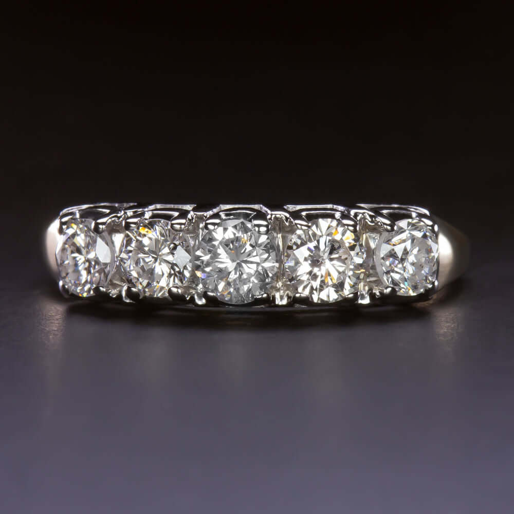 1 CARAT ESTATE DIAMOND WEDDING BAND 5 STONE RING NATURAL TWO TONE GOLD ROUND 1ct