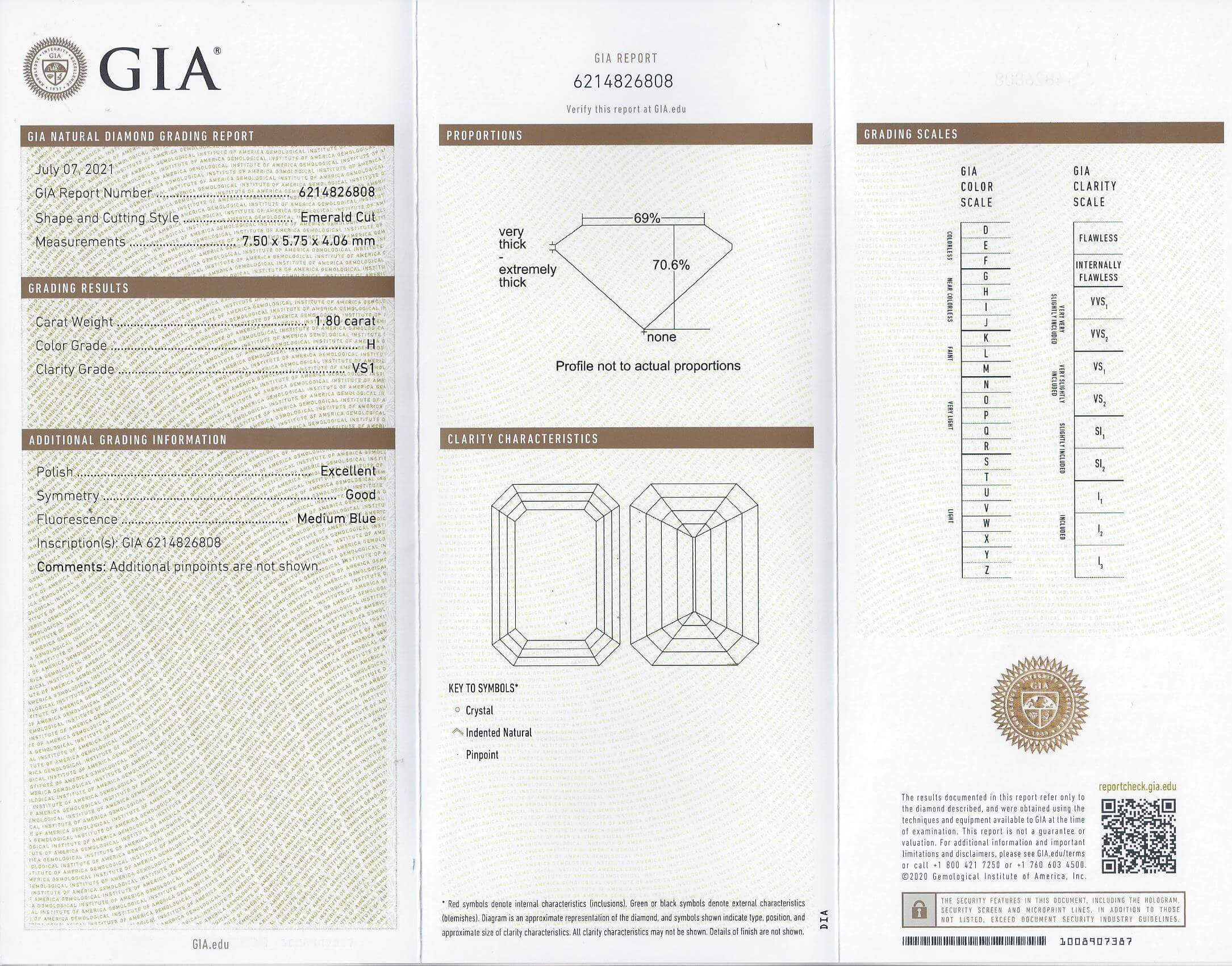 1.80ct GIA CERTIFIED H VS1 DIAMOND EMERALD CUT NATURAL ENGAGEMENT LOOSE STEP CUT