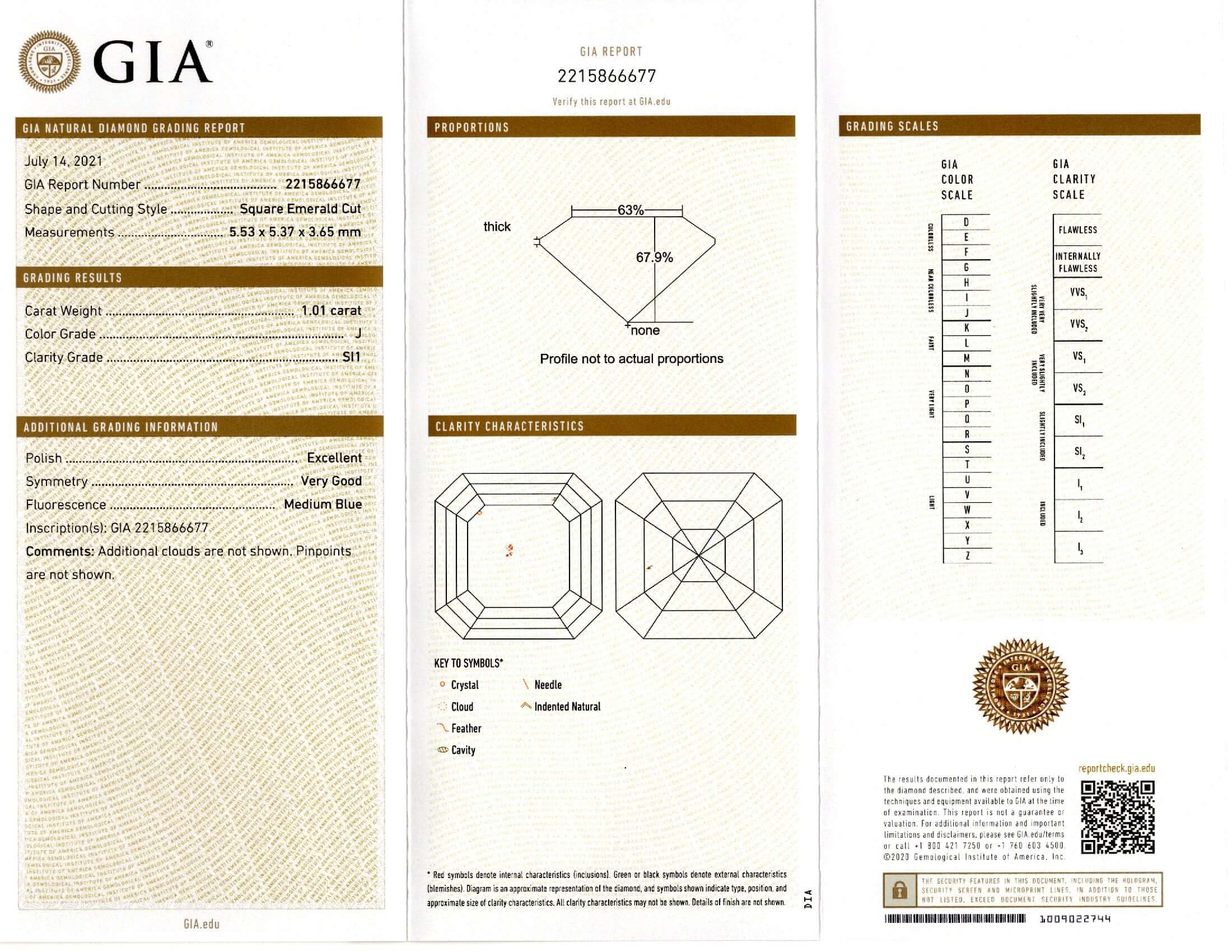 1 CARAT GIA CERTIFIED ASSCHER CUT DIAMOND SQUARE EMERALD J SI1 LOOSE 1CT NATURAL