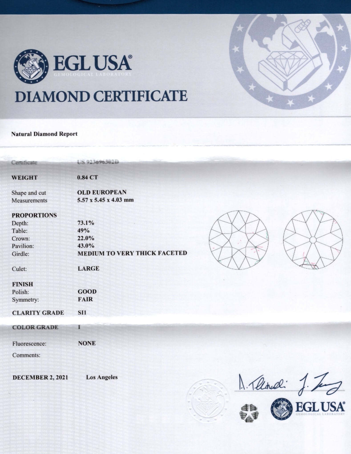 0.84ct CERTIFIED OLD EUROPEAN CUT DIAMOND I SI1 VINTAGE ANTIQUE LOOSE ESTATE