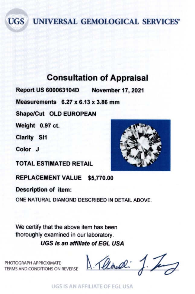 1 CARAT CERTIFIED OLD EUROPEAN CUT DIAMOND J SI1 VINTAGE ANTIQUE LOOSE ESTATE