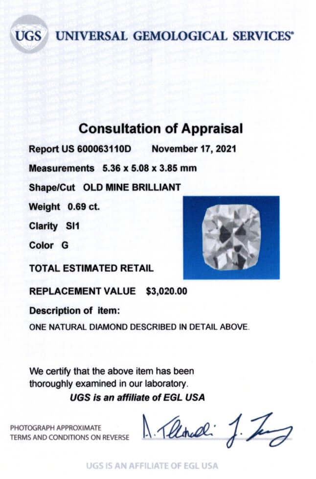 CERTIFIED G SI1 OLD MINE CUT ANTIQUE DIAMOND 0.69ct CUSHION NATURAL LOOSE 3/4ct