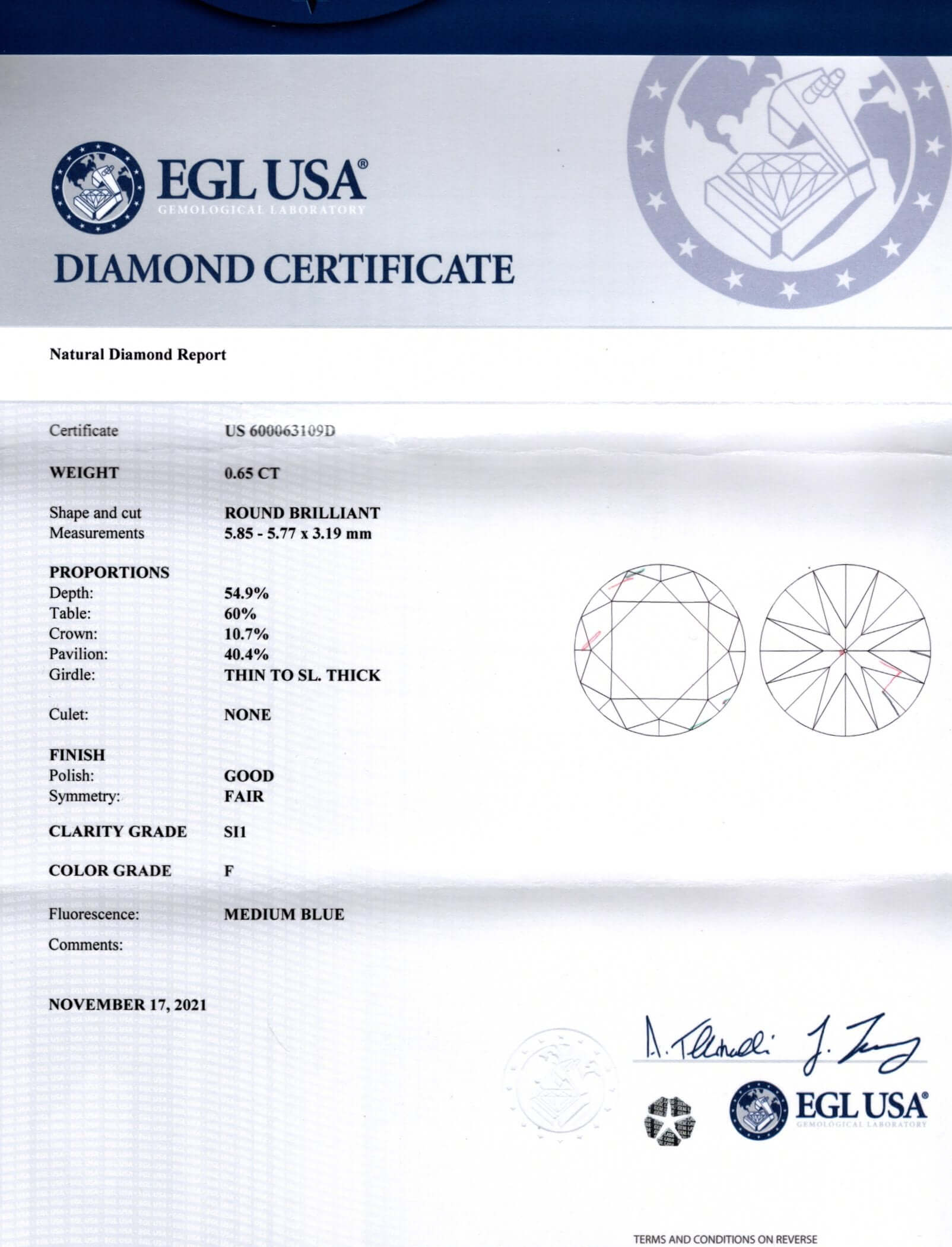 0.65c CERTIFIED F SI1 DIAMOND ROUND BRILLIANT CUT NATURAL LOOSE ENGAGEMENT 2/3ct