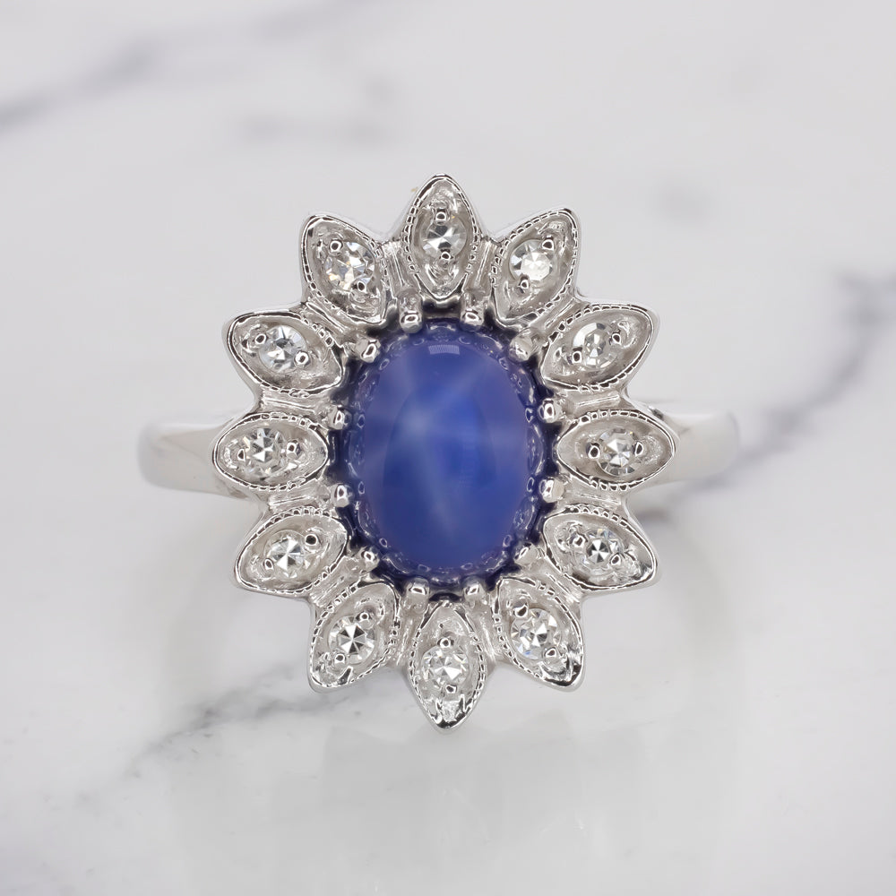 LINDE STAR SAPPHIRE DIAMOND VINTAGE RING OVAL SHAPE COCKTAIL 14K WHITE GOLD BLUE