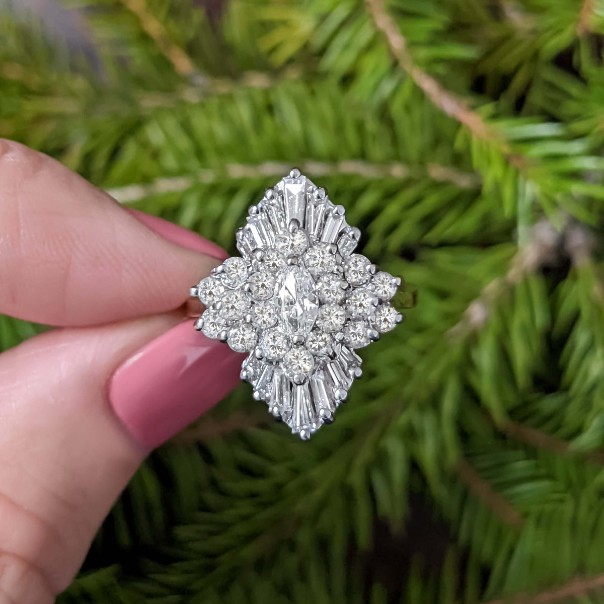2 CARAT DIAMOND BALLERINA RING MARQUISE SHAPE COCKTAIL CLUSTER NATURAL ESTATE