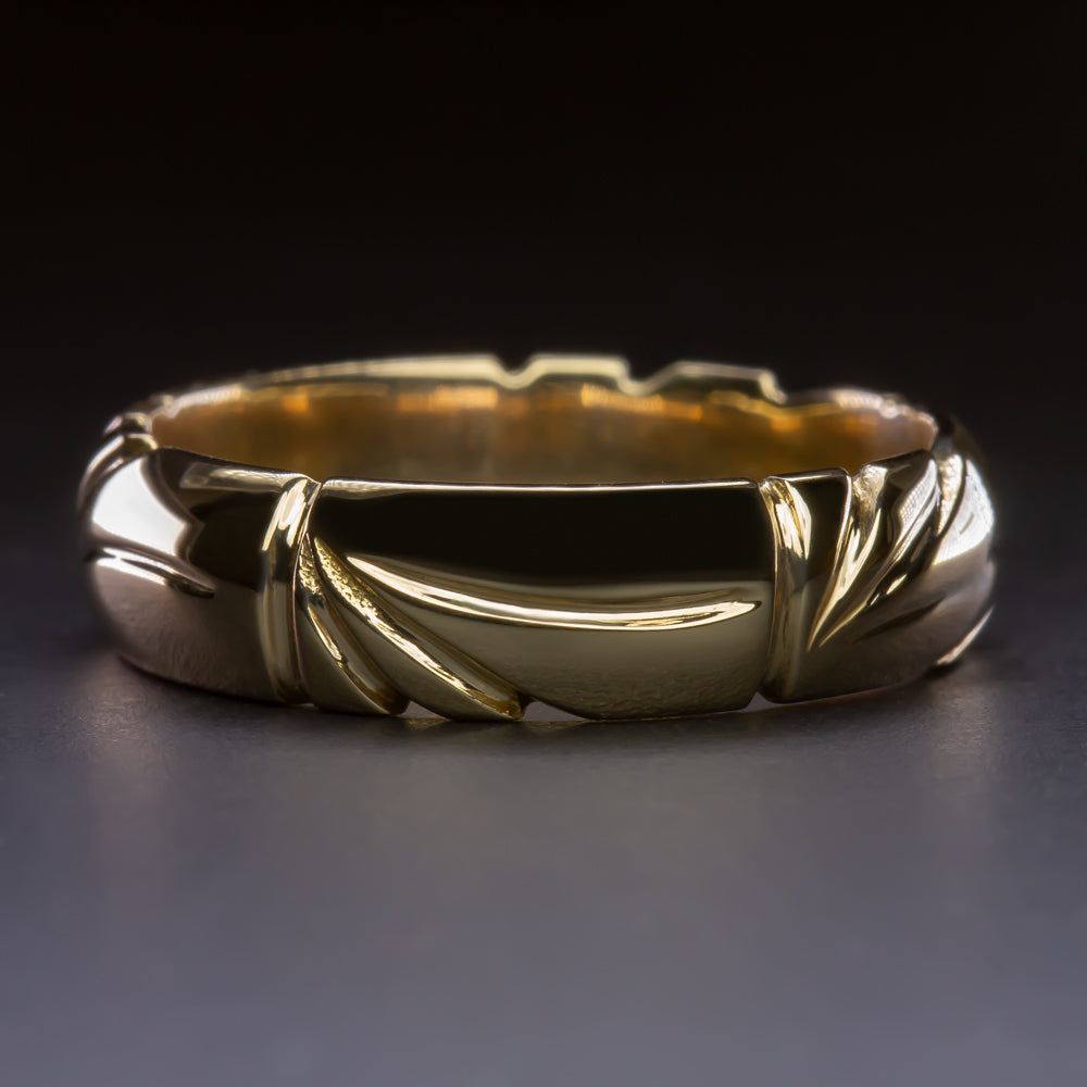 SOLID 14K YELLOW GOLD WEDDING BAND HAND ENGRAVED RING 6mm WIDE STACKING MENS