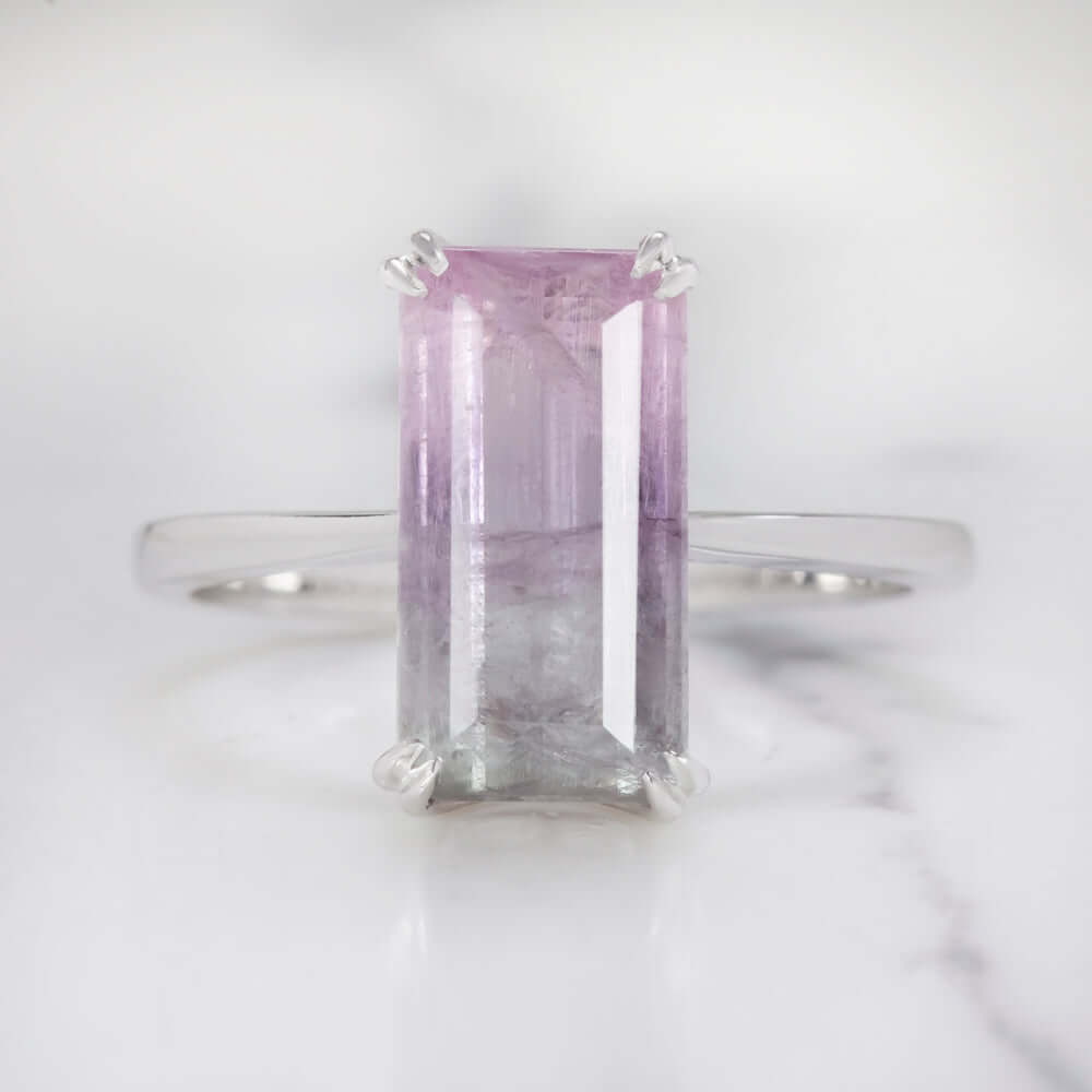 3.06ct BI COLOR TOURMALINE SOLITAIRE RING COCKTAIL WHITE GOLD PURPLE EMERALD CUT