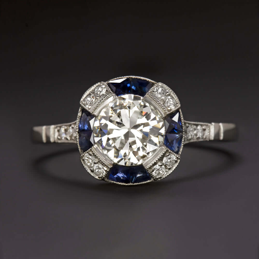 1ct OLD EUROPEAN CUT DIAMOND ENGAGEMENT RING PLATINUM SAPPHIRE VINTAGE ART DECO