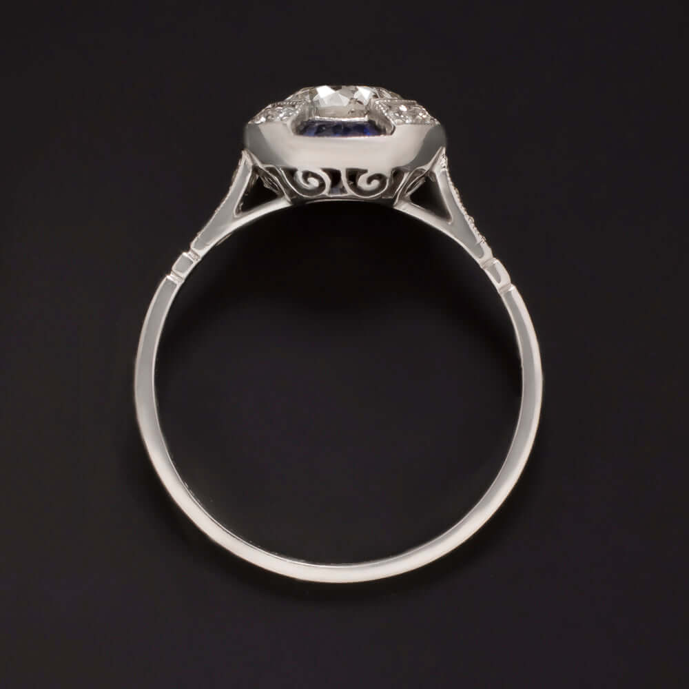 1ct OLD EUROPEAN CUT DIAMOND ENGAGEMENT RING PLATINUM SAPPHIRE VINTAGE ART DECO