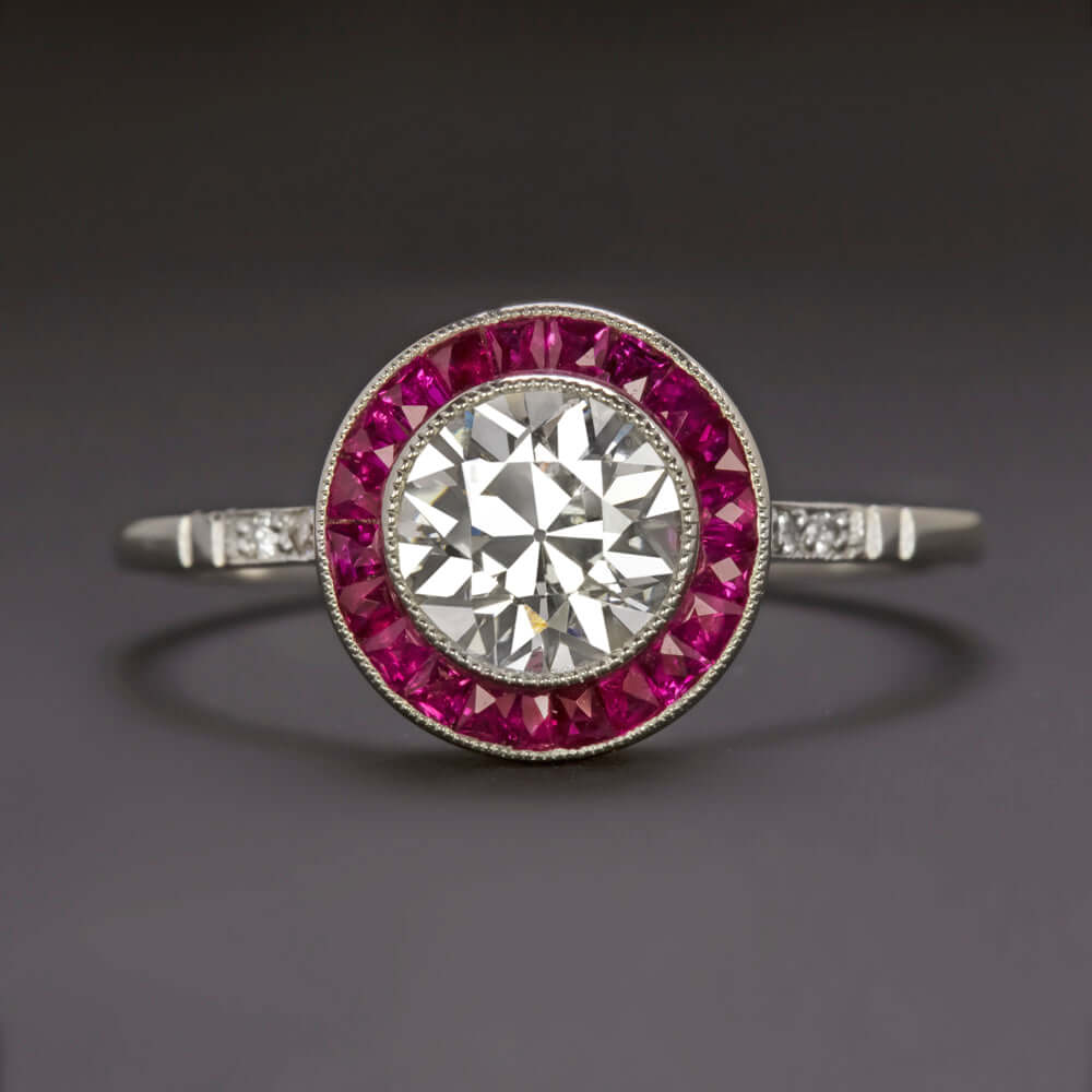 1 CARAT OLD EUROPEAN CUT DIAMOND VINTAGE ENGAGEMENT RING RUBY PLATINUM ART DECO
