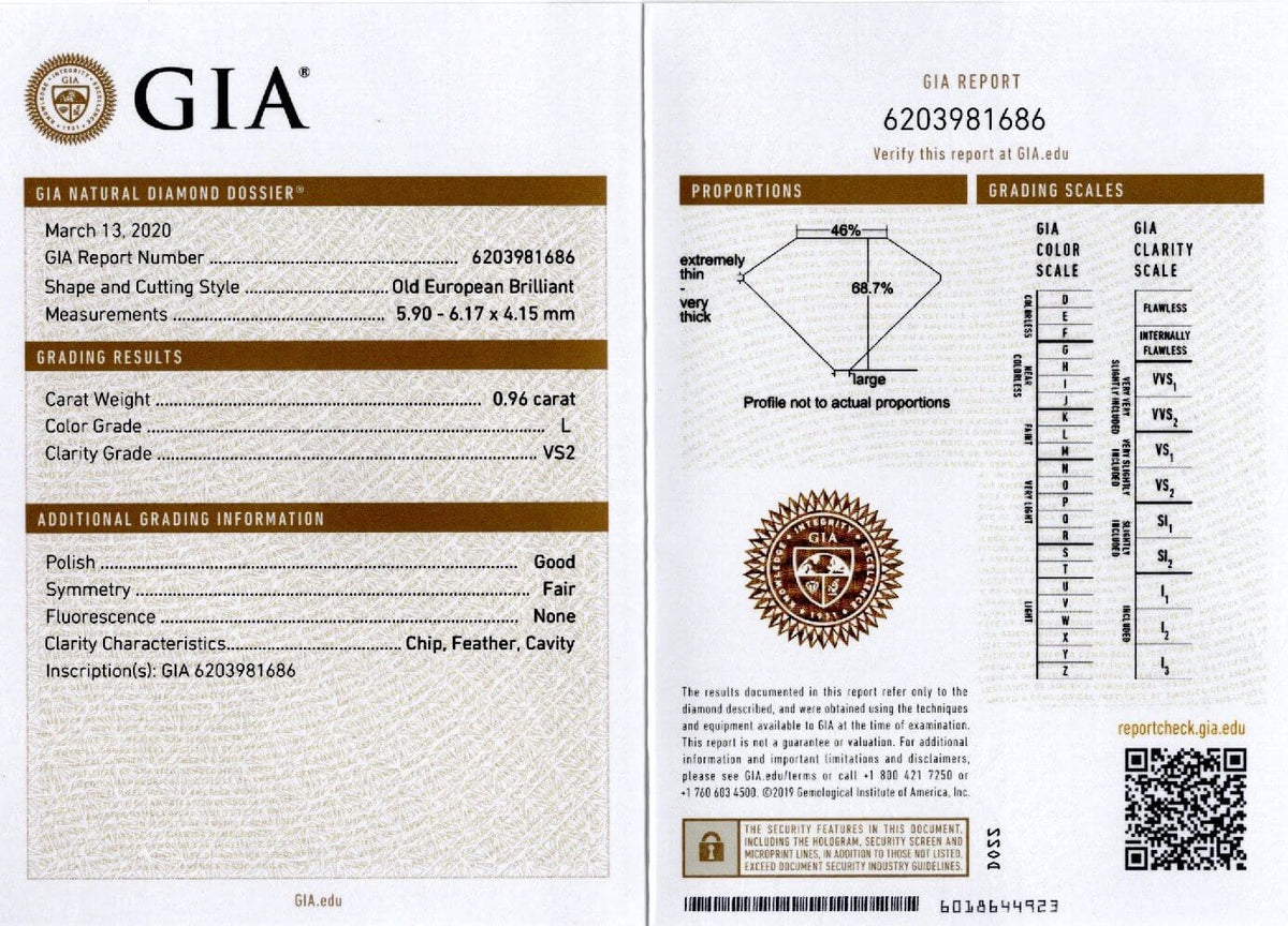 0.96ct GIA CERTIFIED VS2 VINTAGE ROUND CUT DIAMOND OLD EUROPEAN LOOSE 1 CARAT