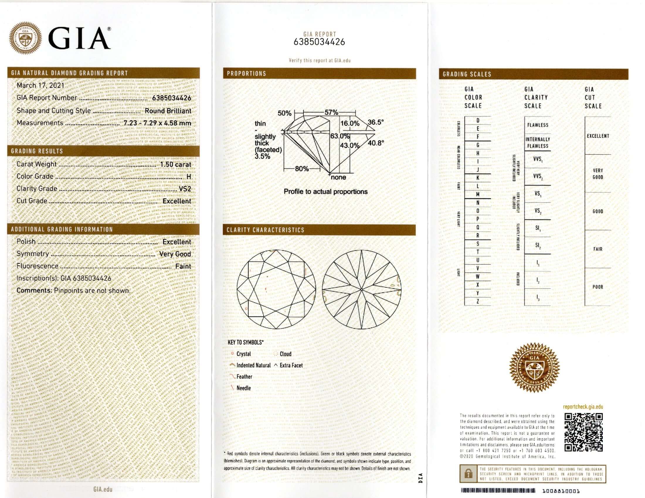 1.5 CARAT GIA CERTIFIED EXCELLENT CUT DIAMOND H VS2 IDEAL ROUND BRILLIANT LOOSE