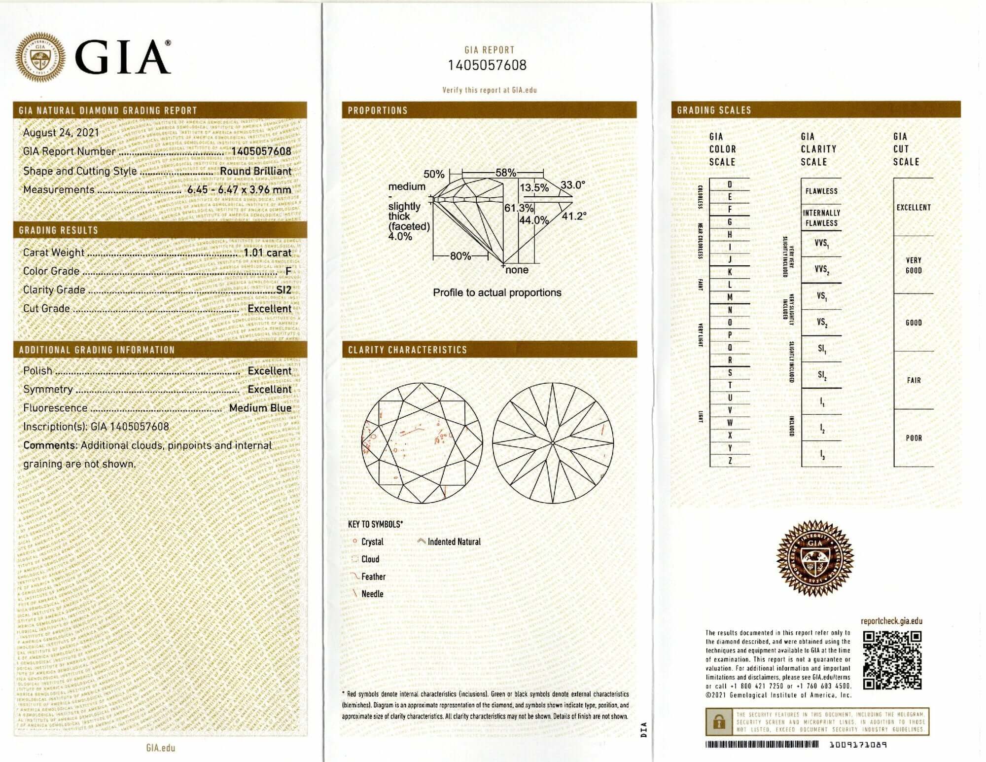 1ct GIA CERTIFIED 3x EXCELLENT CUT DIAMOND F SI2 ROUND BRILLIANT LOOSE NATURAL