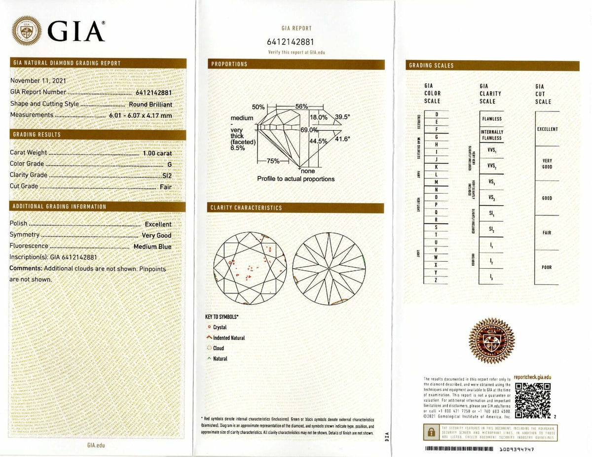 1 CARAT GIA CERTIFIED ROUND BRILLIANT CUT DIAMOND G SI2 LOOSE NATURAL ENGAGEMENT